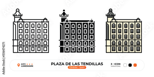 Plaza de las Tendillas Line Icon, Cordoba, Spain Landmark, Silhouette, Color Vector, Editable Stroke.