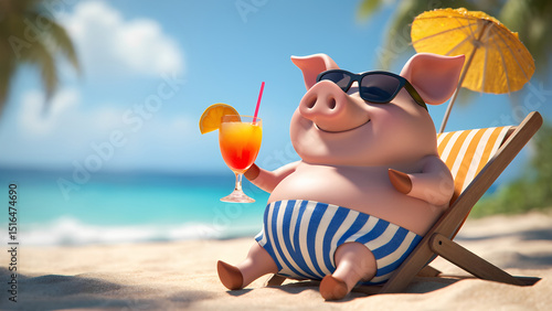 contented cartoon fat pig on holiday, lying in sun lounger, with cocktail on seashore