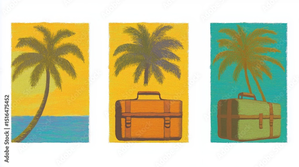 Obraz premium Colorful tropical travel vibes with palm trees and luggage on vibrant backgrounds