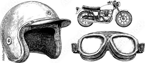 Vintage motorcycle gear collection: engraved helmet, motorcycle, and goggles for retro design