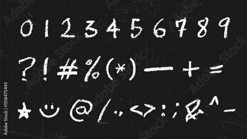 Chalk, charcoal brush texture numbers and symbols on grunge blackboard, vector illustration set