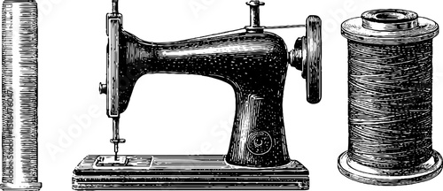 Vintage sewing machine engraving with thread and bobbin for craft design projects