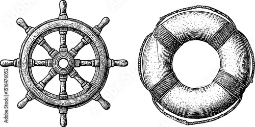 Vintage nautical illustration set featuring ship wheel and lifebuoy for retro maritime designs