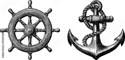 Vintage ship wheel and anchor engraving set for nautical design and decor