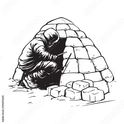 A person building an igloo house isolated vector silhouette