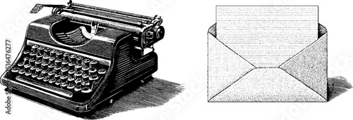 Vintage typewriter and envelope engraving set for retro design and print