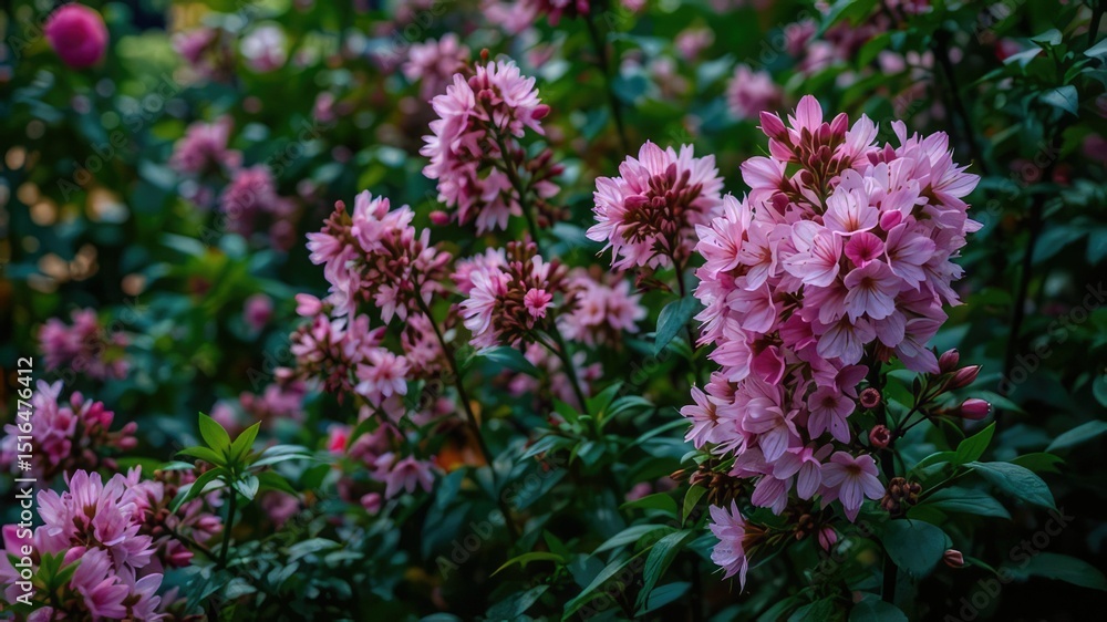 Pink Blossoms in Lush Green Garden - Serene Natural Beauty Pink Blossoms in Lush Green Garden - Serene Natural Beauty