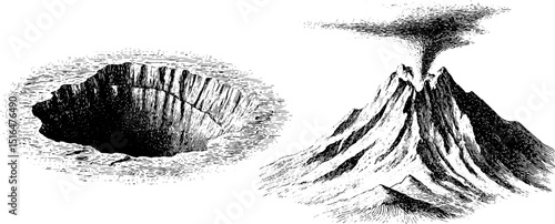 Engraved illustration set featuring volcanic crater and erupting volcano scene for educational design