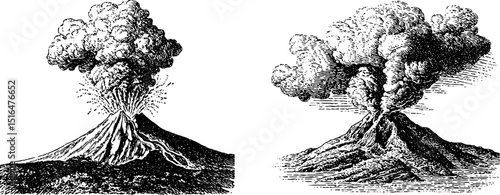 Detailed engraved illustration set of volcano eruption and lava flow for educational use