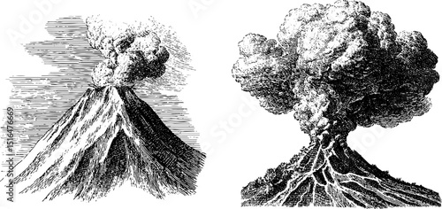 Engraved volcano and lava flow illustration set for educational and design use