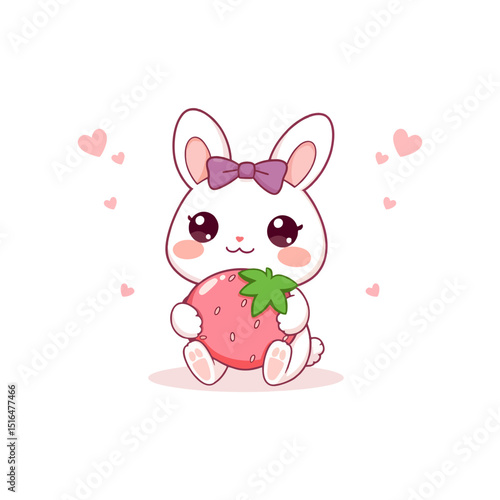 Adorable white rabbit with pink cheeks hugging fruit, surrounded by love hearts. This kawaii vector illustration is ideal for stickers, baby apparel, and greeting cards.