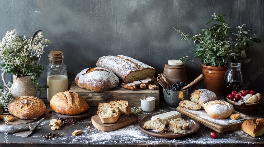 Fototapeta premium Rustic setting showcasing diverse baking ingredients from a cookbook. 