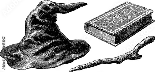 Engraved wizard hat magic set with book and wand for fantasy design