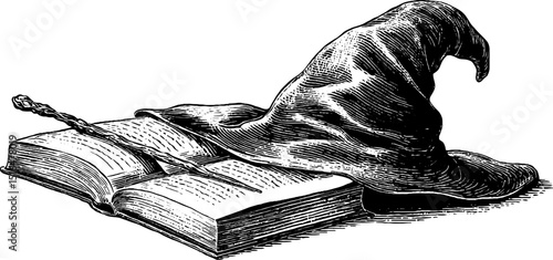 Intricate engraved illustration of magical wizard hat and spellbook for fantasy design