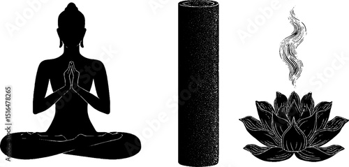 Engraved yoga essentials: mat, lotus flower, and meditation scene for relaxation and mindfulness