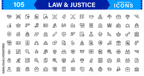 Law & Justice Icon Set Featuring Court, Lawyer, Gavel, Justice Scale, and Legal Concepts in a Clean, Professional Vector Style for Stock Use