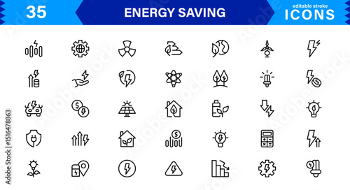 Energy Saving Icon Collection with Eco, Renewable, Power, Green Technology, and Sustainability Symbols in Simple, Download-Ready Design