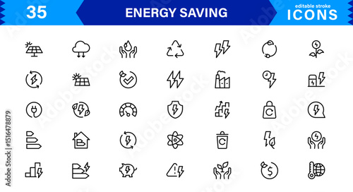 Energy Saving Icon Collection with Eco, Renewable, Power, Green Technology, and Sustainability Symbols in Simple, Download-Ready Design