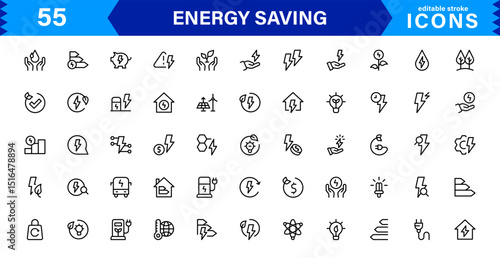 Energy Saving Icon Collection with Eco, Renewable, Power, Green Technology, and Sustainability Symbols in Simple, Download-Ready Design