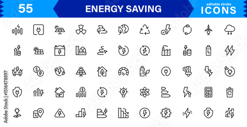 Energy Saving Icon Collection with Eco, Renewable, Power, Green Technology, and Sustainability Symbols in Simple, Download-Ready Design
