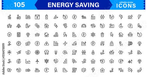 Energy Saving Icon Collection with Eco, Renewable, Power, Green Technology, and Sustainability Symbols in Simple, Download-Ready Design