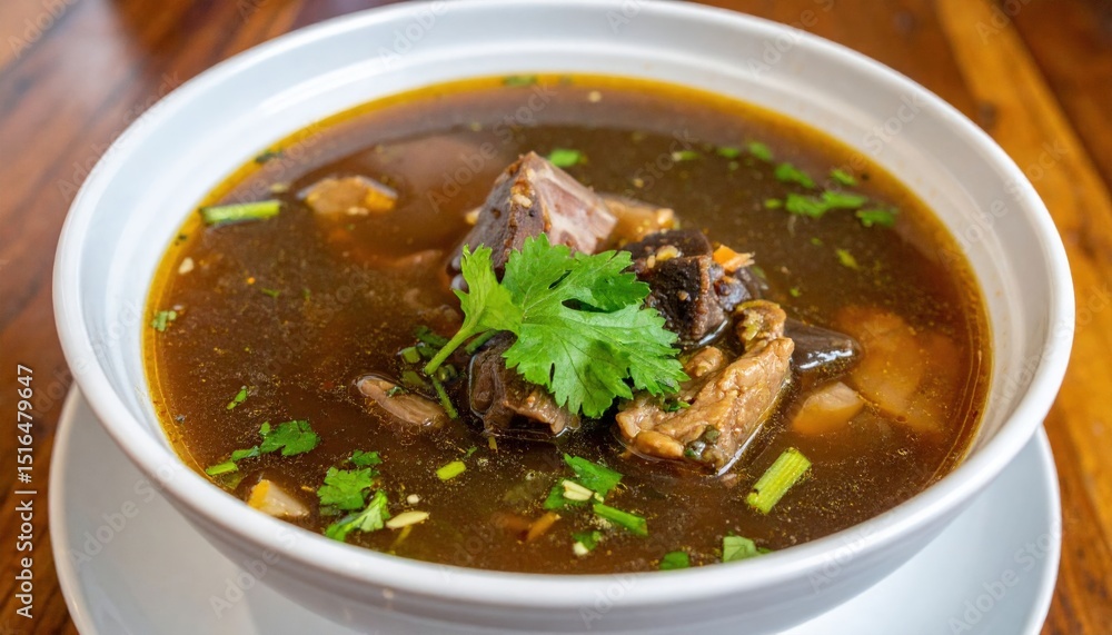 Bowl Of Rich Dark Brown Soup With Pork And Vegetables Bowl Of Rich Dark Brown Soup With Pork And Vegetables