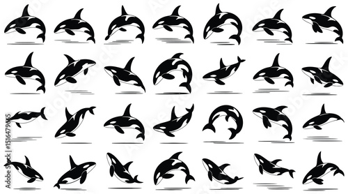 Orca clipart vector illustration featuring killer whale silhouettes in various poses for marine life and ocean designs


