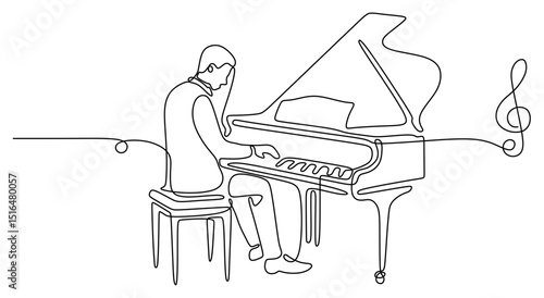 piano and music notes, pianist in lineart style.
