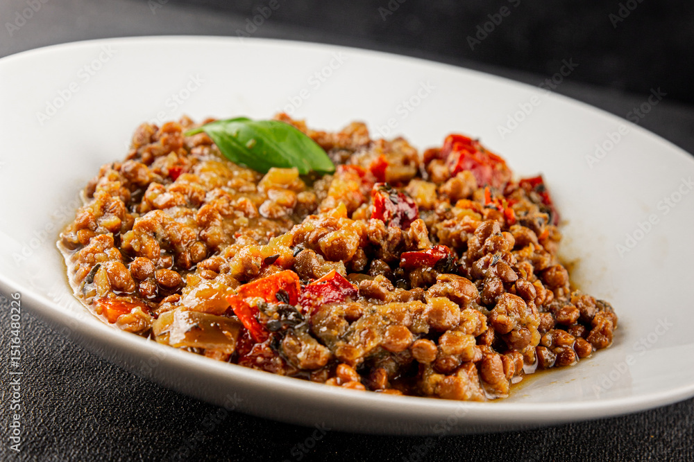 Lentil dish vegetables and roasted peppers savory vegetable fresh vegetarian and vegan food gourmet food background on the table rustic food top view copy space keto and paleo diet Lentil dish vegetables and roasted peppers savory vegetable fresh vegetarian and vegan food gourmet food background on the table rustic food top view copy space keto and paleo diet