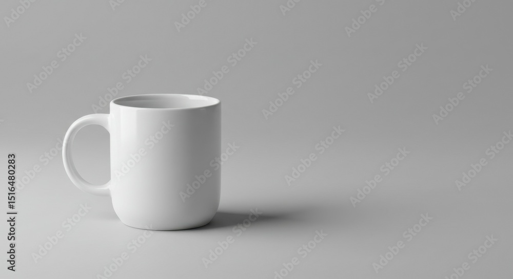 Obraz premium A simple, clean white mug sits on a light gray background, slightly angled to the left, casting a subtle shadow