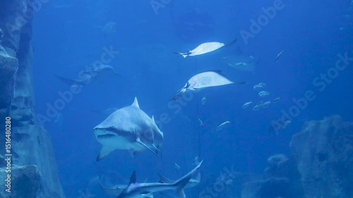 Ocean predators showcase graceful movement in aquarium habitat during daylight hours