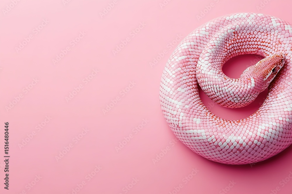 Fototapeta premium A pink and white snake is curled up on a pink background., with ample copy space for text.