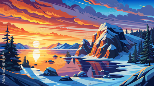 Baikal Lake in December. Magnificent sunset landscape of Olkhon Island in cloudy and snowy weather. View of the natural landmark - Shamanka Rock and the Wish