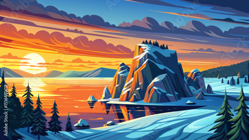 Baikal Lake in December. Magnificent sunset landscape of Olkhon Island in cloudy and snowy weather. View of the natural landmark - Shamanka Rock and the Wish