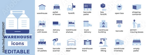 Editable warehouse icons ideal for logistics, storage, shipping, and inventory visuals. Clean, modern, industry-ready design.