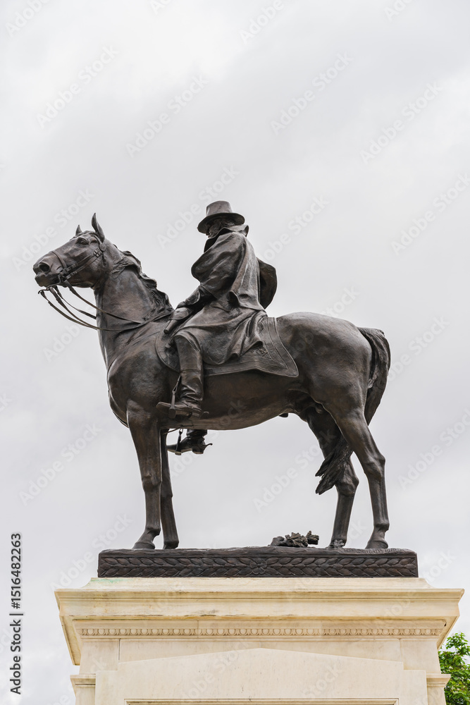 Detailed view of a solemn military leader immortalized in bronze on horseback in Washington, D.C.The Ulysses S. The Ulysses S. Grant Memorial near the base of the Capitol Building Detailed view of a solemn military leader immortalized in bronze on horseback in Washington, D.C.The Ulysses S. The Ulysses S. Grant Memorial near the base of the Capitol Building