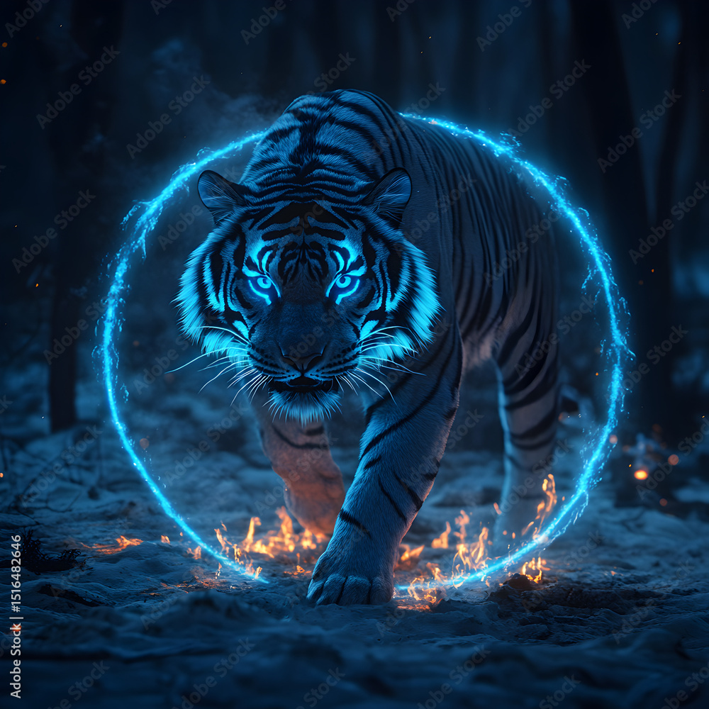 Fototapeta premium Tiger walking through a blue energy circle