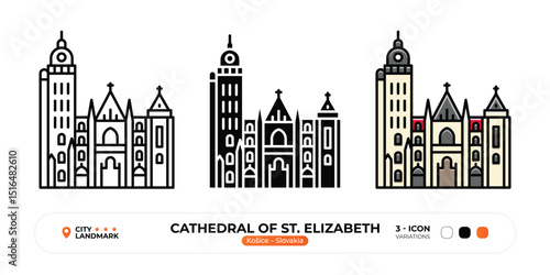 Cathedral of St. Elizabeth Line Icon, Košice, Slovakia Landmark Silhouette, Color Vector, Editable Stroke.