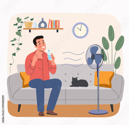 Young man sits in front of a fan on the sofa. Vector flat style cartoon illustration
