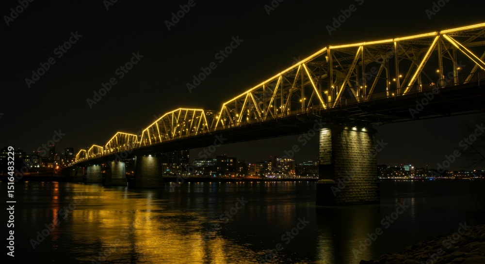 Naklejka premium Illuminated steel bridge spanning a river at night, city skyline reflected in water