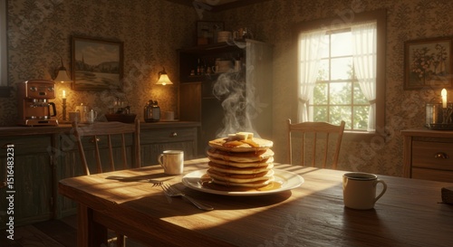 Warm sunlight streams into a rustic kitchen, illuminating a table set with a steaming stack of pancakes and coffee