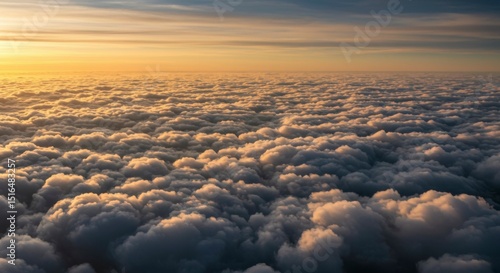 Aerial view of a vast expanse of clouds illuminated by a warm sunset, creating a breathtaking, textured seascape of fluffy formations