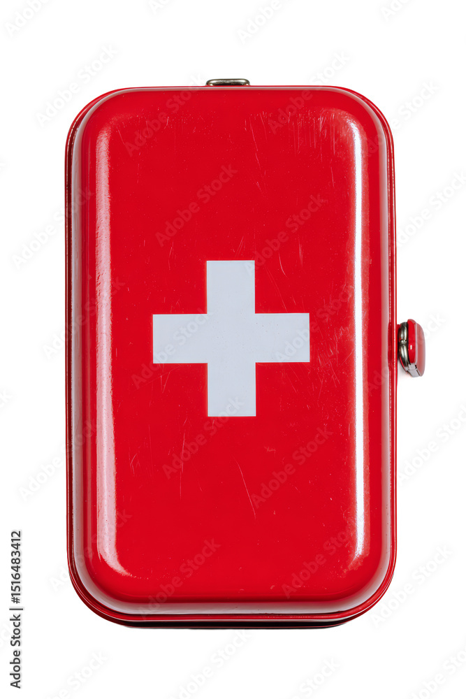 Obraz premium A classic red first aid kit with a white cross, ready for any medical emergency.