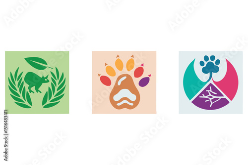 Nature Conservation Logos: A set of three unique and colorful logos representing nature conservation, featuring symbolic imagery of animals, paws, and trees.