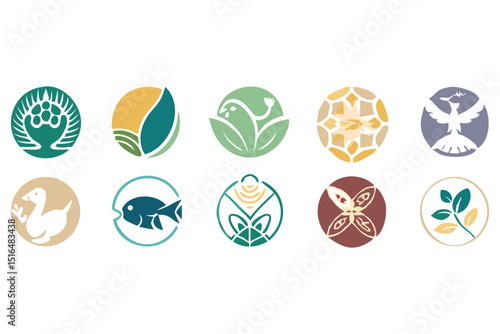 Eco-Friendly Designs: A captivating series of circular icons, each a unique emblem celebrating the beauty of nature, from majestic birds to lush foliage, showcasing design and visual aesthetics. 