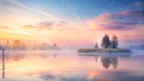 Wallpaper Mural Serene Dawn Misty Lake Reflecting Pastel Sky and Silhouetted Trees on a Small Island Torontodigital.ca