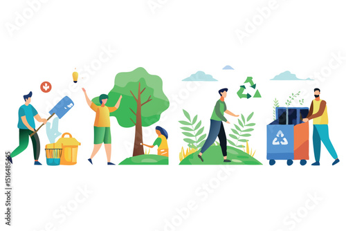 Community and Nature: Illustrative scene, people engage in various activities symbolizing environmental awareness. One group is cleaning waste and the other is gathering waste to recycling.