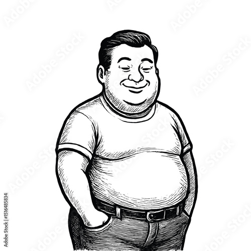Vintage relaxed fat person illustration. drawn in an engraved, woodcut style with fine details sketch engraving vector illustration. Scratch board imitation. 