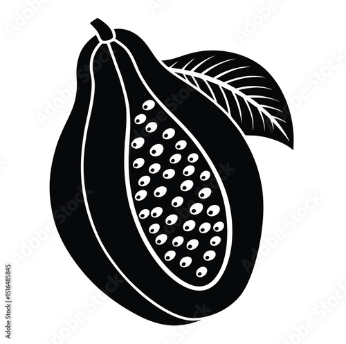 Black and white silhouette of papaya vegetable icon silhouette with leaf isolated on transparent background