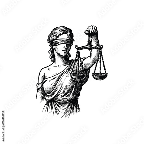 Vintage Lady Justice statue illustration. drawn in an engraved, woodcut style with fine details sketch engraving vector illustration. Scratch board imitation. 